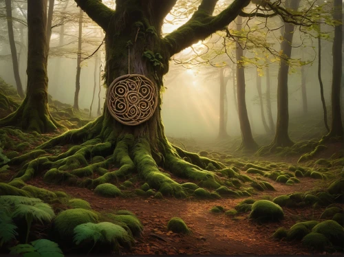 celtic tree,elven forest,tree of life,the mystical path,druids,mushroom landscape,magic tree,enchanted forest,celtic cross,druid grove,forest tree,paganism,fairytale forest,tree mushroom,fantasy picture,druid stone,the roots of trees,germany forest,dryad,holy forest,Art,Classical Oil Painting,Classical Oil Painting 18