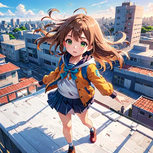 on the roof,haruhi suzumiya sos brigade,kayano,above the city,mikuru asahina,tsumugi kotobuki k-on,rooftops,anime japanese clothing,rooftop,honolulu,sky,miku maekawa,roof landscape,blue sky,roof top,nico,akko,up high,colorful city,flying girl,Anime,Anime,Realistic