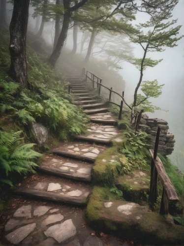 hiking path,winding steps,wooden path,appalachian trail,the mystical path,pathway,the path,forest path,path,foggy mountain,walkway,foggy landscape,alpine crossing,stairway to heaven,tree top path,wooden bridge,stone stairway,japan landscape,trail,steps,Photography,Artistic Photography,Artistic Photography 04