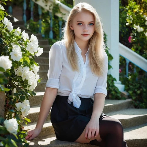 pale,white shirt,lily-rose melody depp,elegant,garden white,white bow,park bench,liberty cotton,school skirt,madeleine,polo shirt,white beauty,white boots,sitting on a chair,girl in the garden,modeling,teen,girl in flowers,girl sitting,in the garden,Illustration,Abstract Fantasy,Abstract Fantasy 10