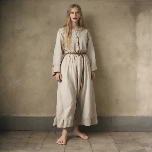sackcloth,girl in cloth,garment,sackcloth textured,linen,imperial coat,tilda,long coat,women's clothing,girl with cloth,girl in a long dress,neutral color,linen shoes,cloak,portrait of christi,pilate,female model,trench coat,priestess,suit of the snow maiden,Photography,Analog
