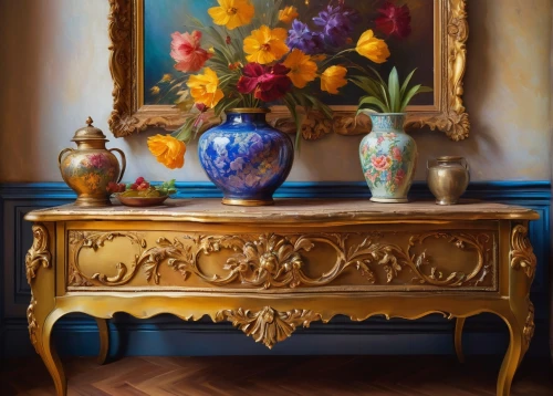 sideboard,decorative frame,dressing table,flower painting,hyacinths,antique furniture,decorative art,still life of spring,floral frame,china cabinet,floral chair,antique table,flower vase,dresser,bedside table,armoire,baroque,floral and bird frame,floral composition,rococo,Photography,Documentary Photography,Documentary Photography 36