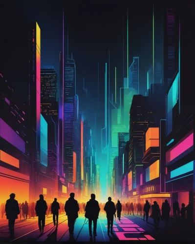 cyberpunk,colorful city,cityscape,futuristic,metropolis,neon arrows,dystopian,spectrum,travelers,80's design,vector people,pedestrian,futuristic landscape,city lights,sci fiction illustration,ultraviolet,colored lights,colorful light,80s,citylights,Art,Artistic Painting,Artistic Painting 28