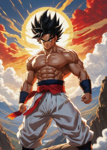 son goku,goku,takikomi gohan,vegeta,dragonball,dragon ball,dragon ball z,sol,kame sennin,sun god,would a background,determination,super cell,cg artwork,strengthening,sun,god,fighting stance,warrior pose,jin deui,Illustration,Realistic Fantasy,Realistic Fantasy 11