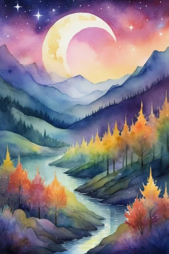 landscape background,autumn landscape,moon and star background,autumn background,fall landscape,autumn mountains,moonlit night,fantasy landscape,lunar landscape,watercolor background,moonrise,purple landscape,autumn scenery,mountain landscape,mid-autumn festival,nature landscape,twiliight,moonlit,moonscape,mountainous landscape,Illustration,Retro,Retro 23