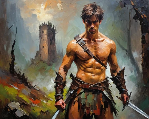 barbarian,female warrior,fantasy warrior,warrior,swordsman,the warrior,spartan,gladiator,lone warrior,male elf,warlord,sparta,warrior woman,male character,siam fighter,fantasy art,warrior east,dane axe,black warrior,highlander,Conceptual Art,Oil color,Oil Color 20