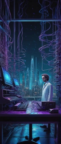 man with a computer,cyberpunk,cyberspace,computer,night administrator,girl at the computer,sci fiction illustration,cyber,computer addiction,computer business,computational thinking,coder,computer room,computer freak,computer art,engineer,computers,computer workstation,cybernetics,digital compositing,Illustration,Abstract Fantasy,Abstract Fantasy 19