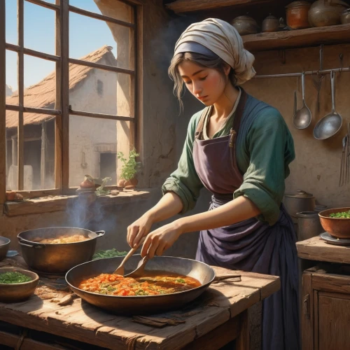 girl in the kitchen,dwarf cookin,cookery,red cooking,girl with bread-and-butter,woman holding pie,saganaki,stone oven pizza,food and cooking,dutch oven,cooking vegetables,ratatouille,tomato pie,cook,cooking book cover,russian folk style,pizza oven,sicilian cuisine,cooking,artisan,Art,Classical Oil Painting,Classical Oil Painting 42