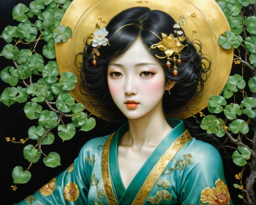 jasmine blossom,chinese art,oriental painting,oriental princess,japanese art,jasmine flowers,jasmine flower,oriental girl,geisha girl,geisha,amano,junshan yinzhen,green wreath,japanese woman,lilly of the valley,plum blossoms,oriental,lily of the valley,lily of the field,lilies of the valley,Illustration,Realistic Fantasy,Realistic Fantasy 08