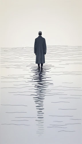man at the sea,the man in the water,walk on water,the people in the sea,olle gill,wading,the shallow sea,el mar,seafarer,grey sea,walking man,adrift,the man floating around,overcoat,exploration of the sea,on the water surface,the endless sea,man silhouette,loneliness,silhouette of man,Art,Artistic Painting,Artistic Painting 04
