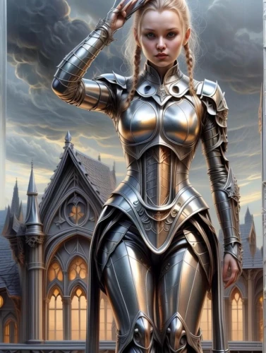 paladin,female warrior,joan of arc,metal figure,fantasy art,fantasy woman,knight armor,armour,metropolis,cuirass,heroic fantasy,sci fiction illustration,armored,armor,heavy armour,warrior woman,silver,excalibur,fantasy picture,fantasy warrior