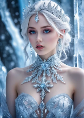 ice queen,the snow queen,suit of the snow maiden,ice princess,white rose snow queen,elsa,winterblueher,frozen,eternal snow,ice crystal,hoarfrost,faery,fairy queen,blue snowflake,fantasy picture,crystalline,icemaker,elven,fantasy art,blue enchantress,Illustration,Japanese style,Japanese Style 05