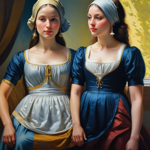 two girls,mirror image,young women,porcelain dolls,bougereau,mirror reflection,yellow and blue,the three graces,doll looking in mirror,oil painting,breton,girl with bread-and-butter,vintage girls,sisters,oil painting on canvas,mary-gold,sailors,joint dolls,young couple,women's clothing,Art,Classical Oil Painting,Classical Oil Painting 07