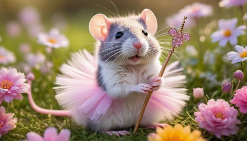 animals play dress-up,flower animal,bunny on flower,grasshopper mouse,white footed mouse,meadow jumping mouse,field mouse,flower background,springtime background,color rat,white footed mice,spring background,whimsical animals,beautiful girl with flowers,jerboa,on a wild flower,cute animal,musical rodent,floral background,animal photography,Illustration,Children,Children 05