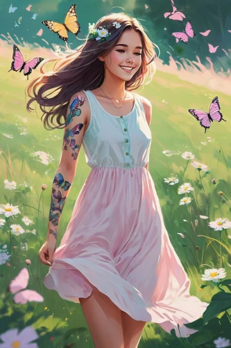 chasing butterflies,butterflies,julia butterfly,springtime background,butterfly background,girl in flowers,vanessa (butterfly),moths and butterflies,flower fairy,pink butterfly,rosa ' the fairy,spring background,butterfly green,butterfly floral,faerie,falling flowers,little girl fairy,butterfly,rosa 'the fairy,meadow in pastel,Illustration,Japanese style,Japanese Style 06