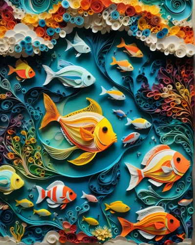 aquarium decor,fish collage,fishes,ornamental fish,koi fish,fish in water,coral reef fish,school of fish,koi pond,koi carp,coral fish,koi,paper art,tropical fish,aquarium inhabitants,blue fish,fish pictures,wall decoration,marine fish,beautiful fish,Unique,Paper Cuts,Paper Cuts 01