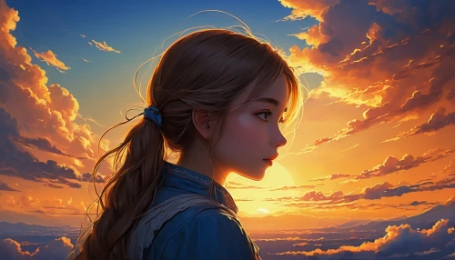 mystical portrait of a girl,world digital painting,little girl in wind,fantasy portrait,sky,sunset glow,fantasy picture,rapunzel,digital painting,braid,sky rose,fantasy art,digital art,girl portrait,the evening light,ear of the wind,luminous,fishtail,link,girl in a long,Illustration,Japanese style,Japanese Style 13