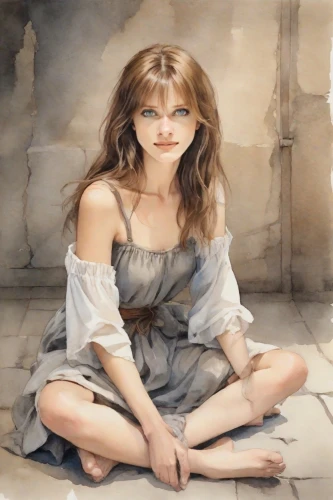 celtic woman,labyrinth,photo painting,celtic queen,the enchantress,cybele,woman sitting,jessamine,chalk drawing,sorceress,portrait of christi,portrait background,priestess,cave girl,aphrodite,world digital painting,oil painting,art painting,girl sitting,biblical narrative characters,Digital Art,Watercolor