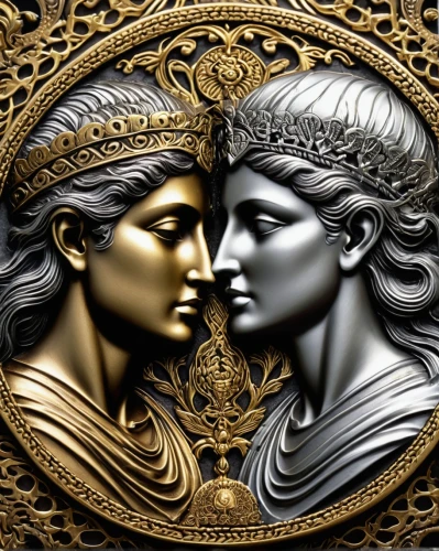 gold foil art,dualism,gold filigree,gilding,mirror image,greek mythology,gemini,gold paint stroke,art deco ornament,amorous,yellow-gold,decorative art,gold lacquer,laurel wreath,gold bullion,gold jewelry,man and woman,golden heart,the three graces,gold foil art deco frame,Conceptual Art,Fantasy,Fantasy 30