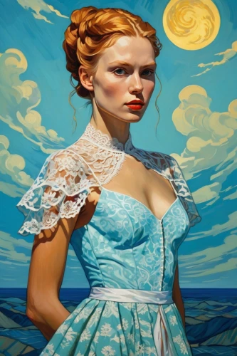 the sea maid,blue moon rose,the wind from the sea,blue painting,fantasy portrait,meticulous painting,fantasy art,sea fantasy,overskirt,vincent van gough,sea breeze,art painting,girl in a long dress,victorian lady,blue enchantress,woman holding pie,oil painting on canvas,hoopskirt,portrait of a girl,the girl in nightie,Conceptual Art,Fantasy,Fantasy 07