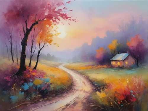 autumn landscape,fall landscape,home landscape,rural landscape,autumn idyll,meadow in pastel,autumn scenery,autumn background,pathway,landscape background,autumn morning,purple landscape,one autumn afternoon,forest landscape,autumn day,the autumn,landscape,landscape nature,nature landscape,autumn walk,Illustration,Paper based,Paper Based 16