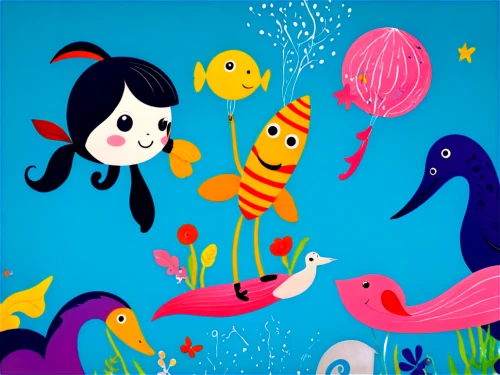 kids illustration,whimsical animals,sea-life,sea creatures,children's background,sea birds,flamingo couple,kawaii people swimming,aquatic animals,anthropomorphized animals,aquarium inhabitants,nautical children,toucans,animal balloons,flamingoes,under the sea,animal world,two flamingo,sea life,sea animals,Illustration,Abstract Fantasy,Abstract Fantasy 13