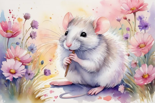 white footed mouse,meadow jumping mouse,field mouse,white footed mice,flower painting,grasshopper mouse,flower animal,color rat,whimsical animals,wood mouse,flower background,eglantine,springtime background,floral background,straw mouse,watercolor background,dormouse,mouse,meadow in pastel,musical rodent,Illustration,Paper based,Paper Based 25
