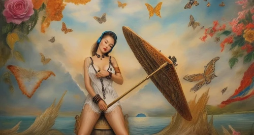 fantasy art,girl on the boat,cupido (butterfly),pin-up girl,the sea maid,meticulous painting,pin ups,vintage art,italian painter,art painting,surrealistic,dita,surrealism,surfboard,oil painting on canvas,orientalism,secret garden of venus,universal exhibition of paris,pin-up,oil on canvas,Illustration,Realistic Fantasy,Realistic Fantasy 13