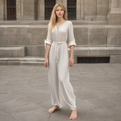 menswear for women,white winter dress,jumpsuit,one-piece garment,cybele,white silk,linen,linen heart,robe,priestess,girl in a long dress,nightwear,garment,women's clothing,neutral color,white clothing,neoclassic,scandinavian style,spring white,suit of the snow maiden,Photography,Realistic