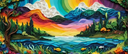 mushroom landscape,rainbow world map,psychedelic art,colorful tree of life,lsd,kaleidoscope art,rainbow background,colorful background,tapestry,acid lake,forest of dreams,pachamama,fairy world,kaleidoscope,mountain world,fairy forest,acid,kaleidoscopic,pot of gold background,the landscape of the mountains,Unique,Paper Cuts,Paper Cuts 01