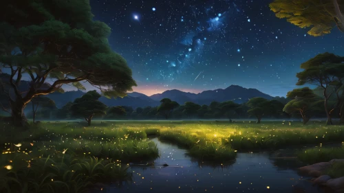 fantasy landscape,fireflies,fantasy picture,starry night,starry sky,fairy galaxy,night stars,colorful stars,landscape background,world digital painting,stars and moon,fantasy art,night scene,the night sky,night sky,falling stars,nightsky,milky way,the milky way,dream world,Photography,General,Natural