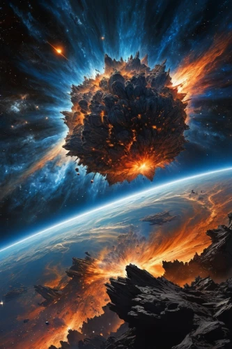 meteorite impact,space art,nuclear explosion,burning earth,terraforming,fire planet,meteor,solar eruption,alien planet,exploding,asteroid,explosion,doomsday,supernova,mandelbrodt,astronomy,galaxy collision,earth rise,calbuco volcano,nebulous,Illustration,Retro,Retro 25