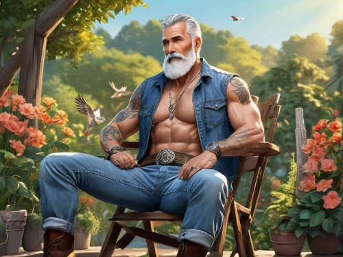 gardener,farmer in the woods,man on a bench,brawny,florist gayfeather,male character,male poses for drawing,male elf,silver fox,gardening,nature and man,farmer,witcher,ken,mechanic,craftsman,male model,garden of eden,macho,grey fox,Illustration,Japanese style,Japanese Style 07