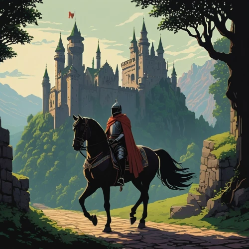 hohenzollern castle,hohenzollern,travel poster,man and horses,horseback,camelot,game illustration,sci fiction illustration,fantasy picture,knight's castle,world digital painting,castles,castel,transylvania,equestrian,equestrianism,cg artwork,endurance riding,fantasy art,fairy tale,Illustration,Japanese style,Japanese Style 08