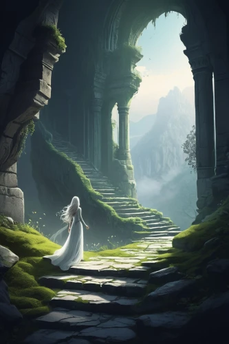 the mystical path,bridal veil,fantasy landscape,fantasy picture,threshold,the path,ruins,hall of the fallen,fantasy art,enchanted,world digital painting,winding steps,pathway,sanctuary,idyll,ruin,place of pilgrimage,backgrounds,wander,game illustration,Illustration,Black and White,Black and White 04