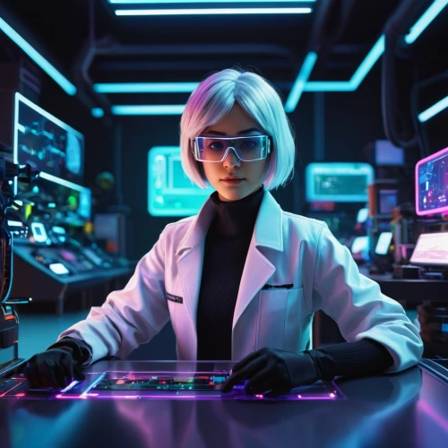 girl at the computer,cyberpunk,cyber glasses,women in technology,female doctor,researcher,scientist,lab,neon human resources,sci fi surgery room,elektroniki,biologist,laboratory,cyber,engineer,electronics,electron,sci fiction illustration,futuristic,microbiologist,Conceptual Art,Oil color,Oil Color 02