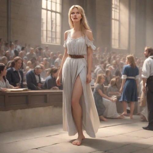 school of athens,vanity fair,girl in a historic way,aphrodite,girl in a long dress,white clothing,digital compositing,apollo and the muses,renaissance,girl in white dress,angelic,the girl at the station,elegant,goddess,justitia,goddess of justice,a thousand beautiful,thermae,ballerina,a girl in a dress,Photography,Natural