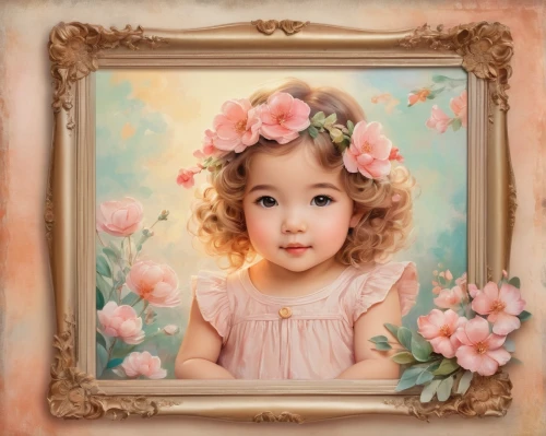 child portrait,girl in a wreath,girl in flowers,baby frame,little girl in pink dress,portrait background,child's frame,peony frame,mystical portrait of a girl,flower frame,floral frame,photo painting,romantic portrait,oil painting on canvas,flower girl,flower painting,girl portrait,oil painting,custom portrait,little girl,Illustration,Japanese style,Japanese Style 01