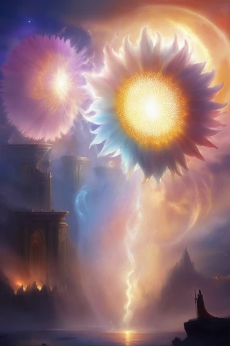 fantasy landscape,sunburst background,solomon's plume,fantasy picture,pillar of fire,fantasy art,celestial event,the pillar of light,sun and moon,sun moon,portals,maelstrom,world digital painting,games of light,double sun,skyflower,the eruption,explosion,arcanum,heaven gate,Illustration,Realistic Fantasy,Realistic Fantasy 01