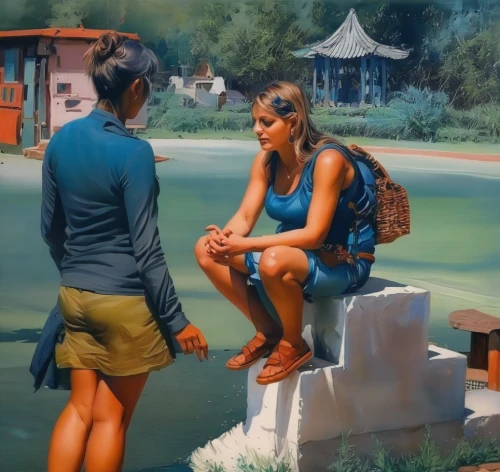 woman at the well,world digital painting,girl on the river,girl sitting,oil painting,thermal spring,conversation,girl with bread-and-butter,photo painting,village scene,woman sitting,two girls,painting technique,woman with ice-cream,the blonde in the river,oil painting on canvas,village life,church painting,khokhloma painting,oil on canvas,Illustration,Paper based,Paper Based 04