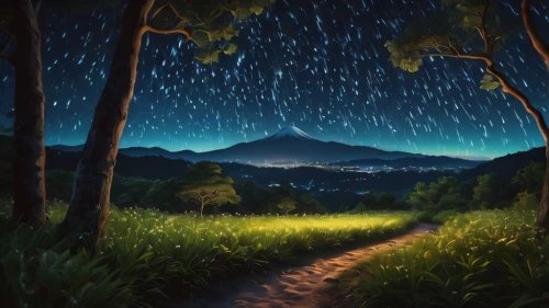 landscape background,night scene,world digital painting,fantasy landscape,fireflies,starry sky,digital painting,salt meadow landscape,nightscape,nightsky,mountain scene,fantasy picture,dusk background,starry night,studio ghibli,pathway,the night sky,forest landscape,night sky,glitter trail,Photography,General,Fantasy