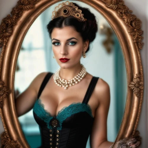 victorian lady,vintage woman,miss circassian,victorian style,vintage girl,vintage women,vintage makeup,vintage female portrait,retro pin up girl,roaring 20's,persian,burlesque,art deco frame,pin ups,roaring twenties,vintage fashion,vintage lace,doll looking in mirror,retro woman,pin up,Illustration,Realistic Fantasy,Realistic Fantasy 13