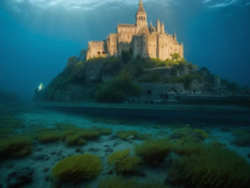 sunken church,water castle,fairytale castle,underwater landscape,house of the sea,mont saint michel,ghost castle,mont st michel,fairy tale castle,ocean underwater,underwater world,templar castle,gold castle,haunted castle,medieval castle,ice castle,underwater playground,castle,galician castle,castles,Photography,Artistic Photography,Artistic Photography 01