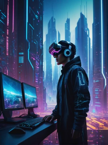 cyberpunk,cyber,cyber glasses,futuristic,virtual world,cyberspace,vr,virtual,scifi,coder,dystopia,dystopian,man with a computer,electronic,ultraviolet,sci-fi,sci - fi,futuristic landscape,oculus,cybernetics,Illustration,Paper based,Paper Based 06