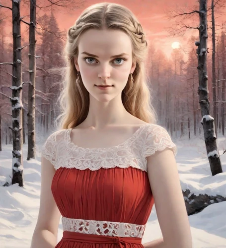 the snow queen,white rose snow queen,suit of the snow maiden,elsa,jessamine,nordic,nordic christmas,snow white,winter dress,red coat,eternal snow,lady in red,white winter dress,red gown,swath,red skin,elven,fairy tale character,celtic queen,girl in red dress,Digital Art,Classicism
