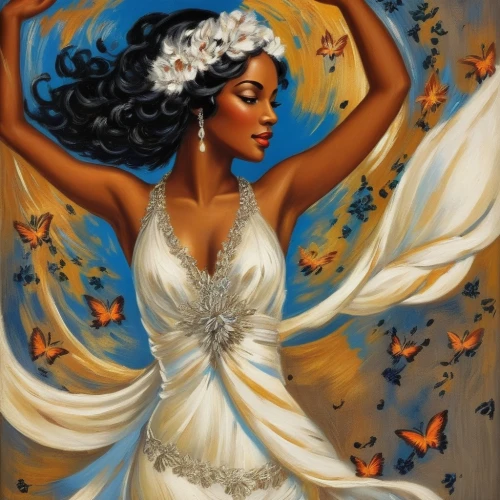 vanessa (butterfly),cupido (butterfly),white butterflies,vintage angel,art deco woman,white butterfly,african american woman,the angel with the veronica veil,ulysses butterfly,gracefulness,jasmine,fairy queen,jasmine blossom,butterfly white,faerie,boho art,flower fairy,sun bride,bridal,aphrodite,Illustration,Realistic Fantasy,Realistic Fantasy 21