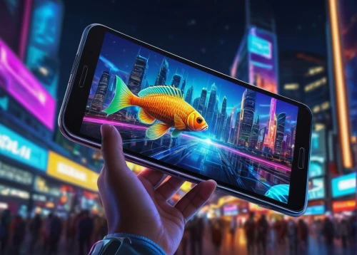 world digital painting,picture in picture,pokemon go,3d fantasy,woman holding a smartphone,the bottom-screen,mobile tablet,viewphone,holding ipad,yellow fish,augmented reality,mobile device,digitalart,virtual landscape,handheld,samsung galaxy,the tablet,futuristic,camera illustration,city lights,Illustration,Realistic Fantasy,Realistic Fantasy 41