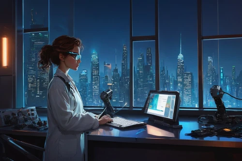sci fiction illustration,girl at the computer,women in technology,night administrator,sci fi surgery room,cyber glasses,cyberpunk,electronic medical record,modern office,computer workstation,computer room,laboratory,laboratory information,man with a computer,female doctor,pathologist,neon human resources,blur office background,researcher,consultant,Illustration,Paper based,Paper Based 17