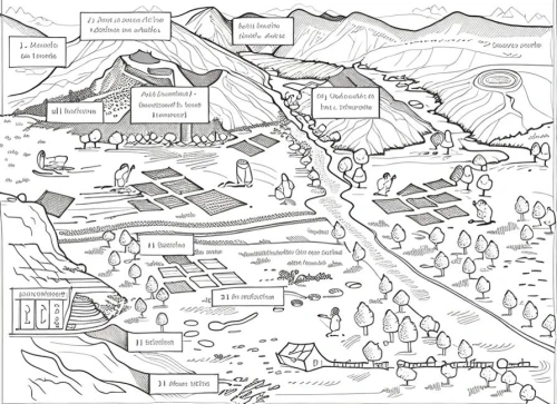 coloring page,mountain settlement,maya civilization,permaculture,peter-pavel's fortress,escher village,landscape plan,map outline,coloring pages,mountain village,treasure map,villages,cartography,mountain world,mountain huts,korean folk village,mountainous landforms,fluvial landforms of streams,military training area,hand-drawn illustration,Design Sketch,Design Sketch,None