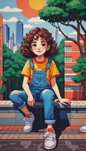 kids illustration,girl sitting,anime cartoon,child in park,children's background,city ​​portrait,girl in overalls,portrait background,park bench,cute cartoon image,world digital painting,colored pencil background,colorful background,art background,creative background,girl drawing,the girl at the station,cute cartoon character,pixel art,cartoon video game background,Conceptual Art,Daily,Daily 26